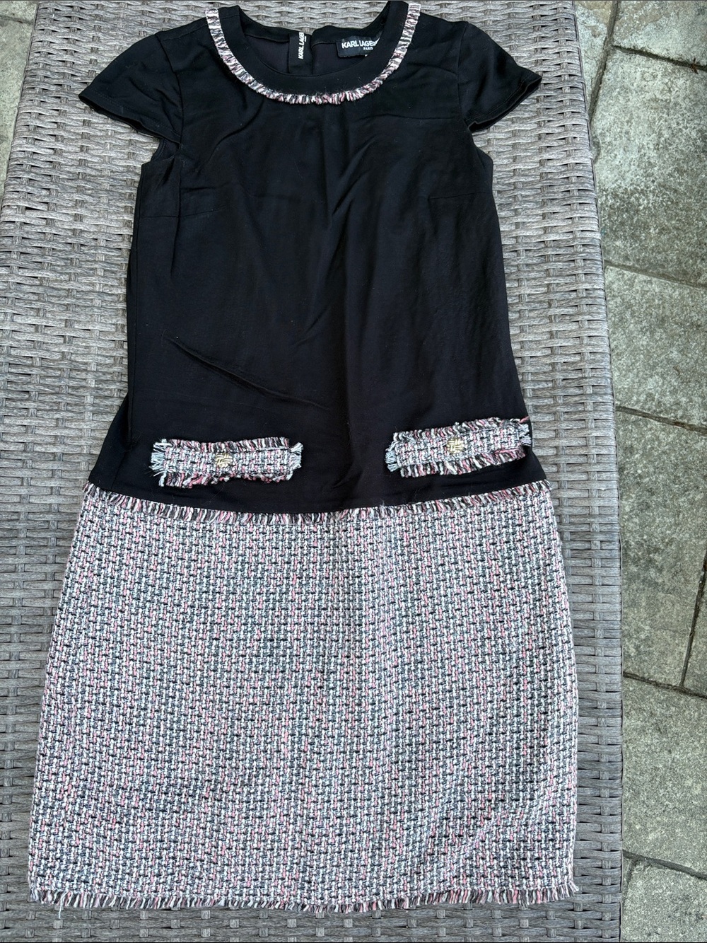 Karl Lagerfeld Black Top with Multicolor Tweed Skirt